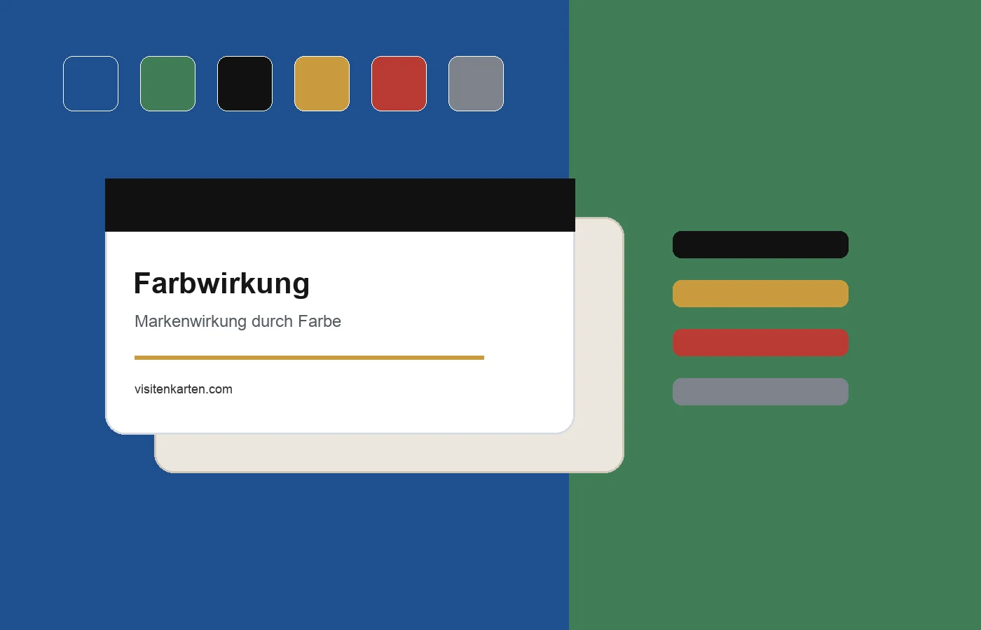 Farbwirkung auf Visitenkarten mit Blau, Gruen, Schwarz, Gold und Grau